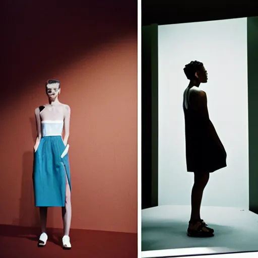 Image similar to realistic photoshooting for a new balenciaga lookbook, color film photography, portrait of a beautiful woman, location in a set design by james turrell, in style of Tyler Mitchell, 35mm,