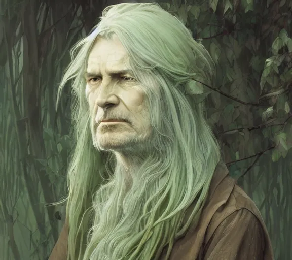 Image similar to portrait of old forest druid, pale skin, green eyes, long grey hair, simple clothes, high fantasy, dnd, d & d, illustration, by artgerm, greg rutkowski, alphonse mucha - h 7 6 8