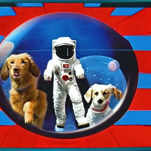 Prompt: a space odyssey scene with dogs floating in space while standing on magic carpets. dogs wearing helmets from nasa and have air tanks with hoses