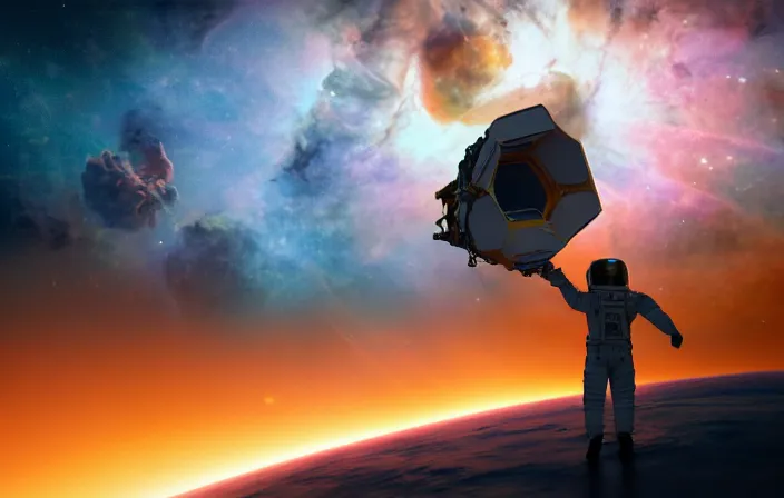 Prompt: an astronaut stuck standing on the Webb telescope in space in surfing position with view of Celestial Cloudscape in the Orion Nebula, octane render