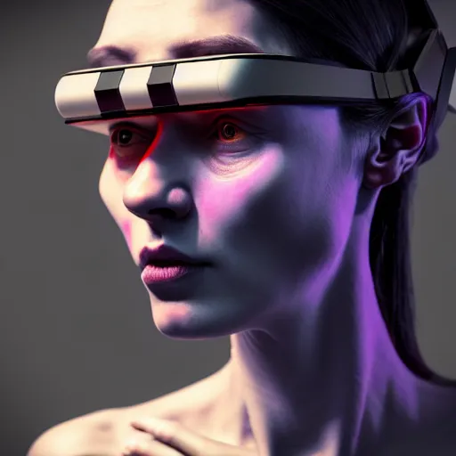 Image similar to Colour Caravaggio style Photography of Beautiful woman with highly detailed 1000 years old face wearing higly detailed cyberpunk VR Headset designed by Josan Gonzalez Many details. . In style of Josan Gonzalez and Mike Winkelmann andgreg rutkowski and alphonse muchaand Caspar David Friedrich and Stephen Hickman and James Gurney and Hiromasa Ogura. Rendered in Blender, volumetric natural light
