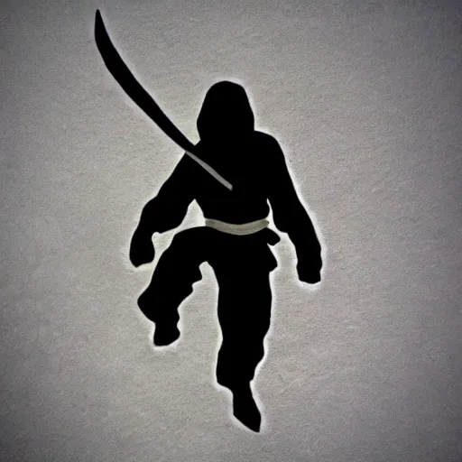 Image similar to tattoo design, stencil, a ninja jumping in the air with a sword