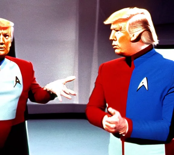 Image similar to color film still from tv show star trek 1968 with joe biden and donald trump, fighting, arena, 8k