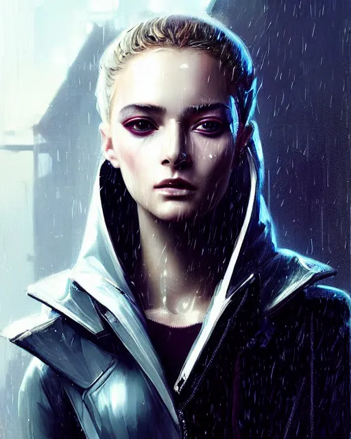 Image similar to detailed portrait of European Pretty Young Girl Storm Rain movie Jacket coat, Futuristic sci-fi fashion, royal attire by ismail inceoglu dragan bibin hans thoma greg rutkowski Alexandros Pyromallis Nekro Rene Margitte illustrated Perfect face, sharp chine, fine details, realistic shaded, fine-face, pretty face cyberpunk, neotokyo, synthwave, aesthetics, futuristic, low-emission-neon, bladerunner movie scene