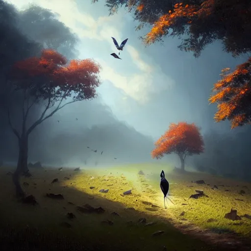 Image similar to magpie bird, urraca in avila, green fields, fall season, 4 k, concept art, by wlop, ilya kuvshinov, artgerm, krenz cushart, greg rutkowski, pixiv. cinematic dramatic atmosphere, sharp focus, volumetric lighting, cinematic lighting, studio quality