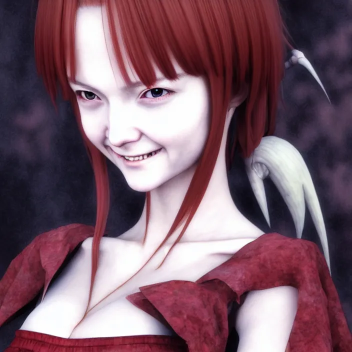 Image similar to renaissance portrait of the secretive vampire girl loner smiling at her next victim, by katsuhiro otomo, yoshitaka amano, nico tanigawa, and artgerm rendered with 3 d effect.