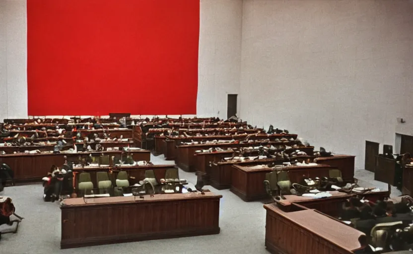 Prompt: 60s movie still of a giant stalinist style sovietic parlement with a giant USSR flag, by Irving Penn , cinestill 800t 35mm eastmancolor, heavy grainy picture, very detailed, high quality, 4k, HD criterion, precise texture, panoramic, cinematic