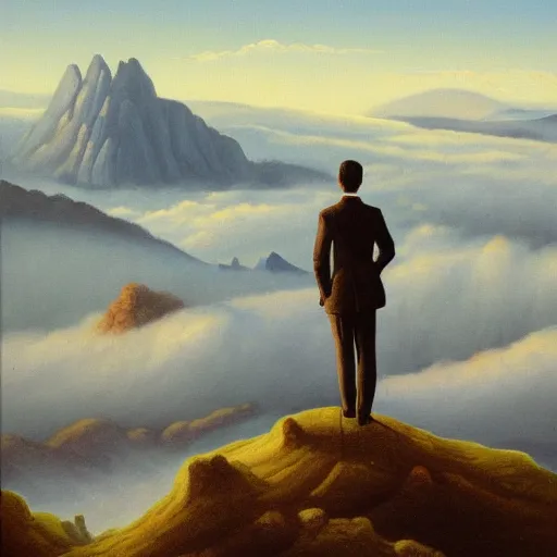 Prompt: painting of a wanderer wearing a suit above the sea of fog standing atop the mountain