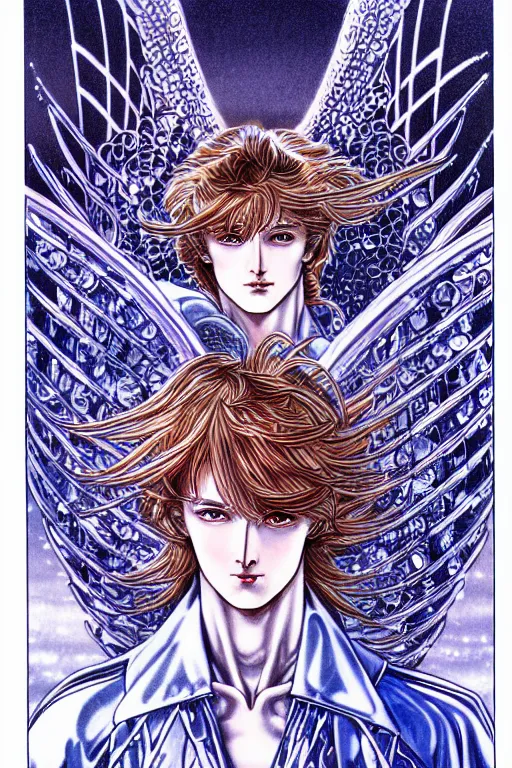 Image similar to illustration of a male angel encased in ice and crystals, intricate linework, in the style of moebius, ayami kojima, 1 9 9 0's anime, retro fantasy