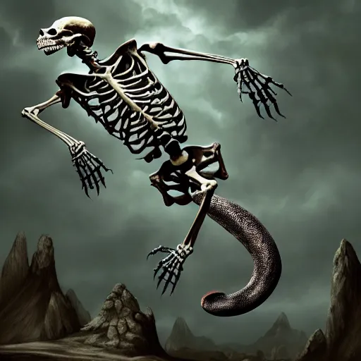 Image similar to a matte oil painting of a skeleton that is made out of lizard scales, dnd art, reptile skin, serpent, bones, 4 k image clear, crisp, sharp