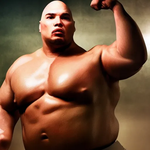 Image similar to fat Joe with the physique of a body builder, realistic, detailed, cinematic, dynamic lighting, photorealistic, refined, intricate, digital art, digital painting, masterpiece, gym background,