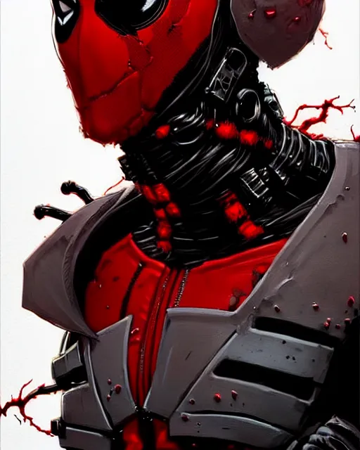 Image similar to highly detailed closeup portrait of a cyborg carnage symbiote in deadpool suit with carnages face, by greg rutkowski, by greg tocchini, by james gilleard, by kaethe butcher, gradient in red, black, crimson and grey color scheme,'grunge aesthetic '!!!