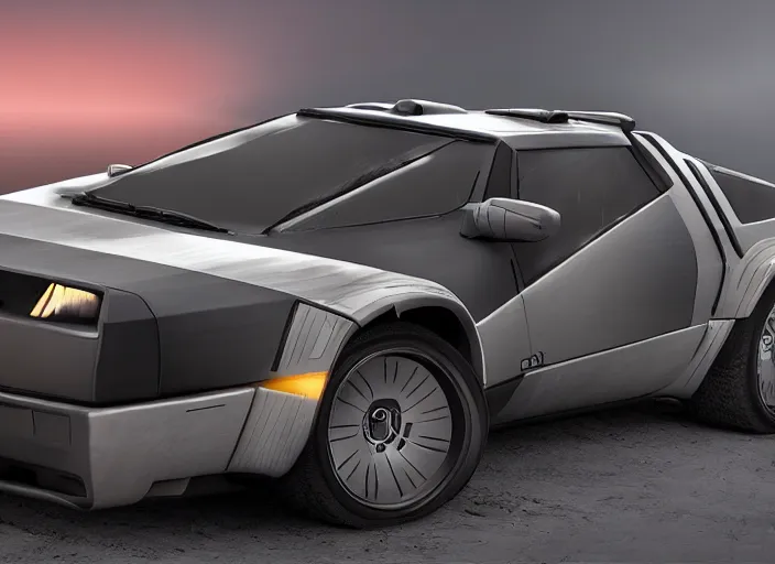 Prompt: wide view shot of a new car for 2 0 3 2 with offroad tires installed. style by petros afshar, christopher balaskas, goro fujita, and rolf armstrong. car design by delorean alpha and volvo.