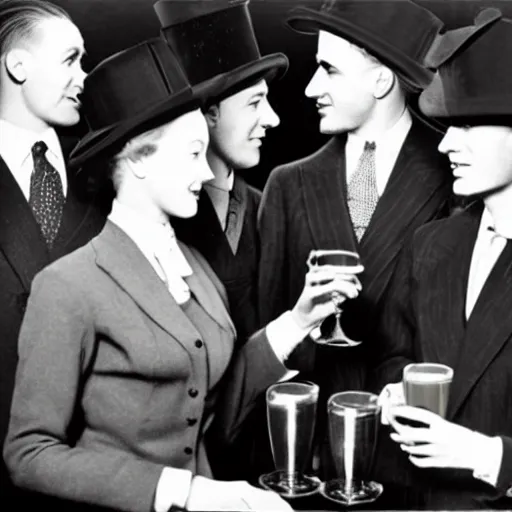 Image similar to business people standing at the bar in 1 9 4 0, top hats, business suits, beer, art deco style, simple shapes