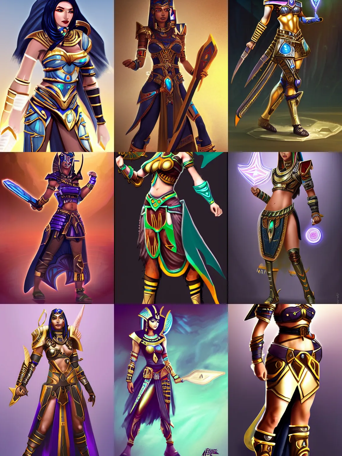 Prompt: a female warrior in futuristic egyptian armor, fantasy, magic the gathering, dota, hearthstone, overwatch, league of legends, world of warcraft, stargate, cleopatra