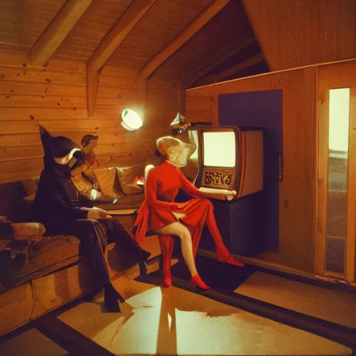 Prompt: first-person perspective view of three people wearing discowear having a party inside of a 1970s luxury a-frame cabin with a soviet computer console on the wall, exterior is a winter evening forest, ektachrome photograph, f8 aperture