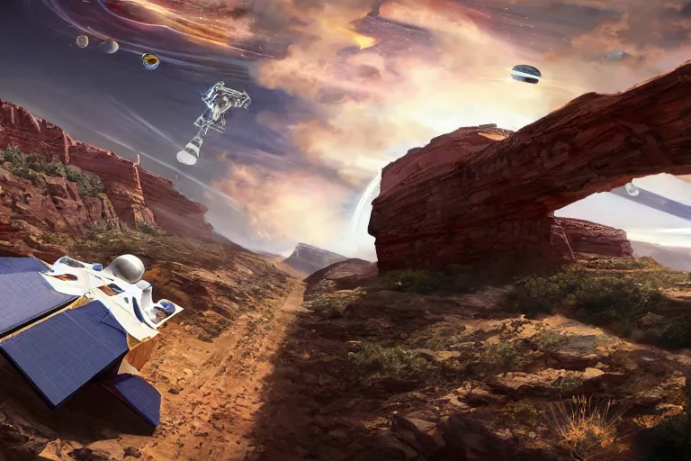 Image similar to spacecraft speed race road into the mountain rocks like grand canyon. Illustration by Blizzard and Ubisoft