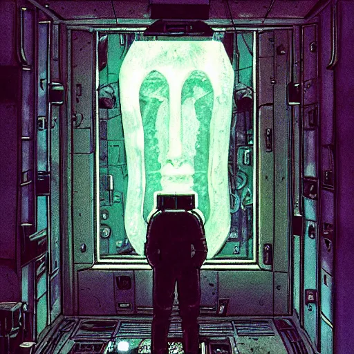 Image similar to lovecraftian, 2 0 0 1 a space odyssey, y 2 k aesthetic, dramatic lighting, illustration by enki bilal, trending on artstation