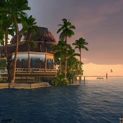 Image similar to Floating palace, moon reflecting on the water, thunderstorm, greek pool, beach and Tropical vegetation on the background major arcana sky, gta v screenshot, pc gta 5 videogame, hyperrealistic 8k, award-winning, very very very detailed