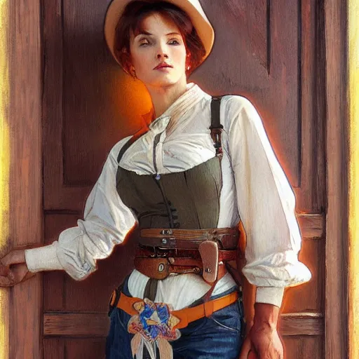 Image similar to painting of cowgirl leaning up against the door frame of saloon with one thumb hooked on belt loop art by artgerm and greg rutkowski and alphonse mucha