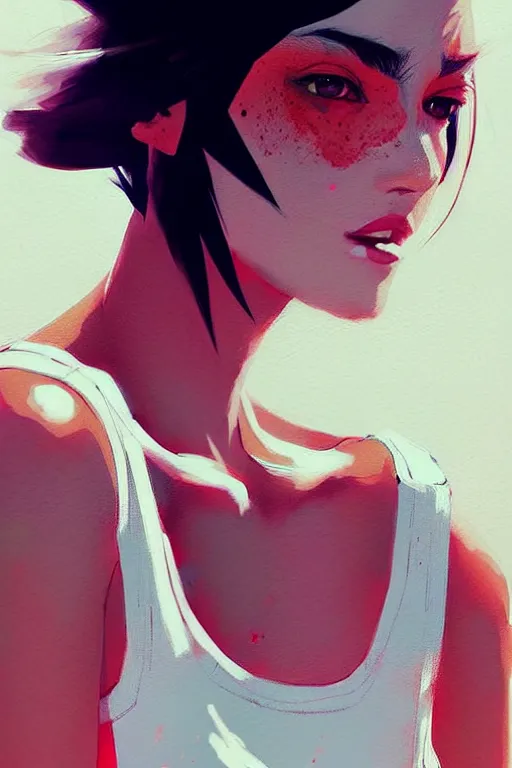 Image similar to a ultradetailed beautiful painting of a stylish woman with a white tank top, by conrad roset, greg rutkowski and makoto shinkai trending on artstation