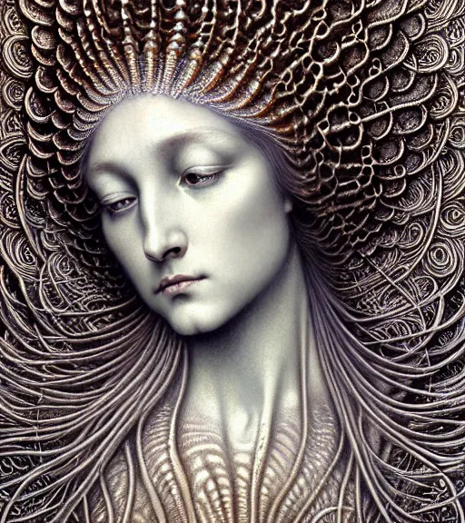 Image similar to detailed realistic beautiful silver goddess face portrait by jean delville, gustave dore, iris van herpen and marco mazzoni, art forms of nature by ernst haeckel, art nouveau, symbolist, visionary, gothic, neo - gothic, pre - raphaelite, fractal lace, intricate alien botanicals, biodiversity, surreality, hyperdetailed ultrasharp octane render