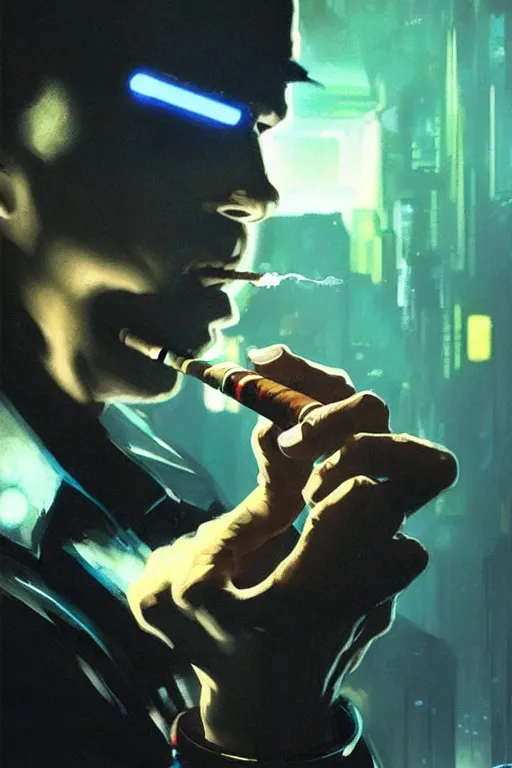 Image similar to An android lighting a single cigar in a cyberpunk setting, by Frank Frazetta, wearing rings, dramatic lighting, high contrast colours, as trending on Artstation, highly detailed,