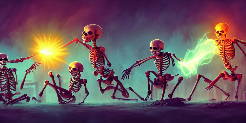 Image similar to skeletons, they are in front of a desk working on a new dark spell that is casting out flowing energy, colorful, flowing energy, light rays, medium shot, waist up, sharp, concept art, highly detailed, bloom, dramatic lighting, cinematic, by dreamworks