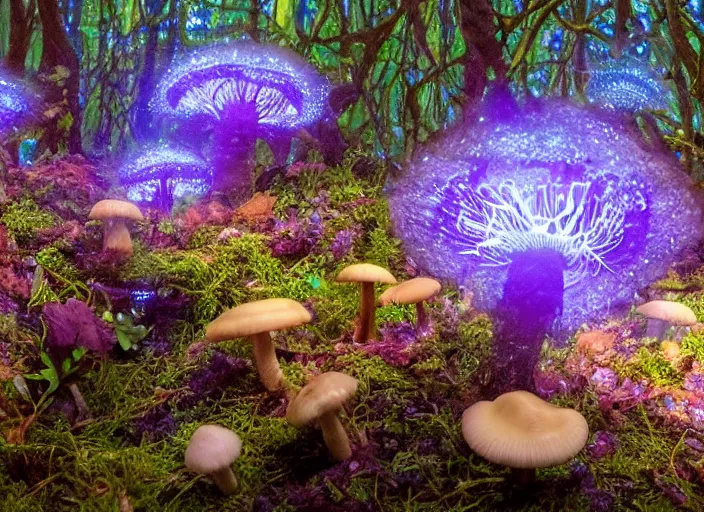 Image similar to glowing delicate flower and mushrooms that grow in a dark fatansy forest on the planet Pandora,