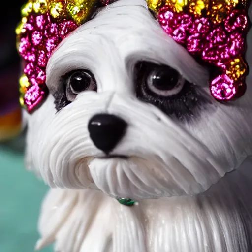 Prompt: mexican sugar skull candy in the shape of a havanese dog, ofrenda, 4 k close up photo, leica, bokeh