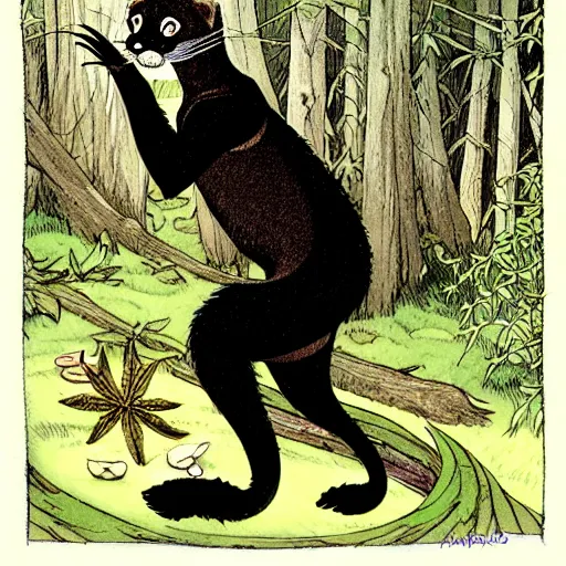 Prompt: A cute sleek-furred otter-girl Herbalist collecting shells in the forest. Absurdly-detailed fantasy character illustration by Rebecca Guay and Wayne Reynolds