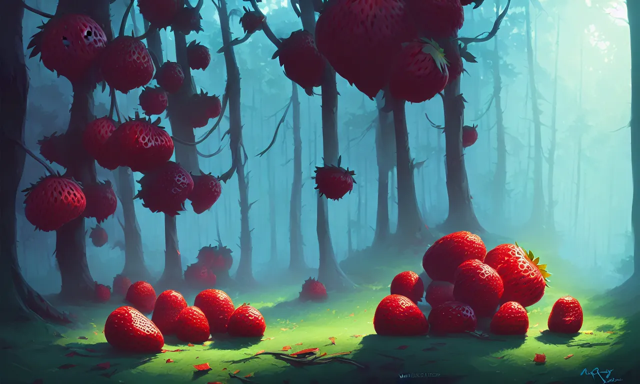 Image similar to Dark forest strawberries, behance hd by Jesper Ejsing, by RHADS, Makoto Shinkai and Lois van baarle, ilya kuvshinov, rossdraws global illumination