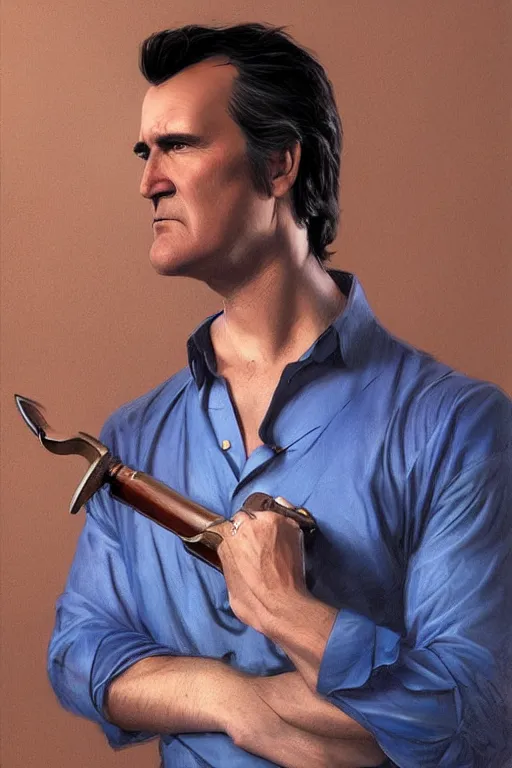 Image similar to Bruce Campbell in a blue bloody shirt with a shoulder strap, innocent, intricate, elegant, highly detailed, digital painting, artstation, concept art, smooth, sharp focus, illustration, art by artgerm and greg rutkowski and alphonse mucha