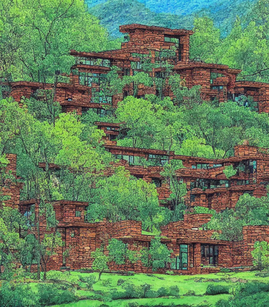 Prompt: of a green spring mountain athmosphere with beautiful forest permeated by a magical river showing a multistory house in the architect style of frank loyd wright made out of natural stone bricks from the distance with mythical european mountains in the background, artstudio, colorful in the art style of Kerry Milligan