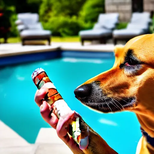 Image similar to a very detailed photo of a dog smoking a cigar outside the mansion by the pool