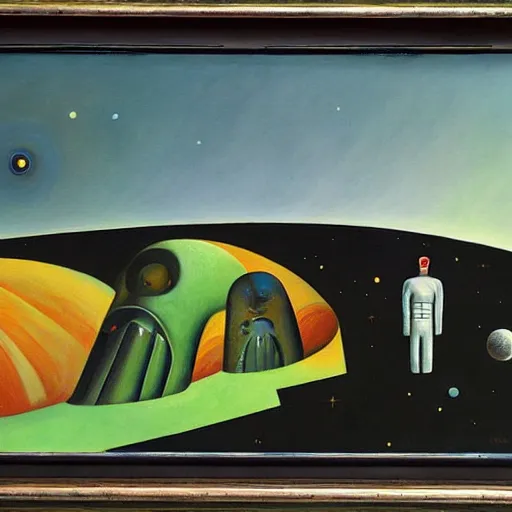 Image similar to space men exploring a fantastical alien landscape, they discover something, pj crook, edward hopper, oil on canvas