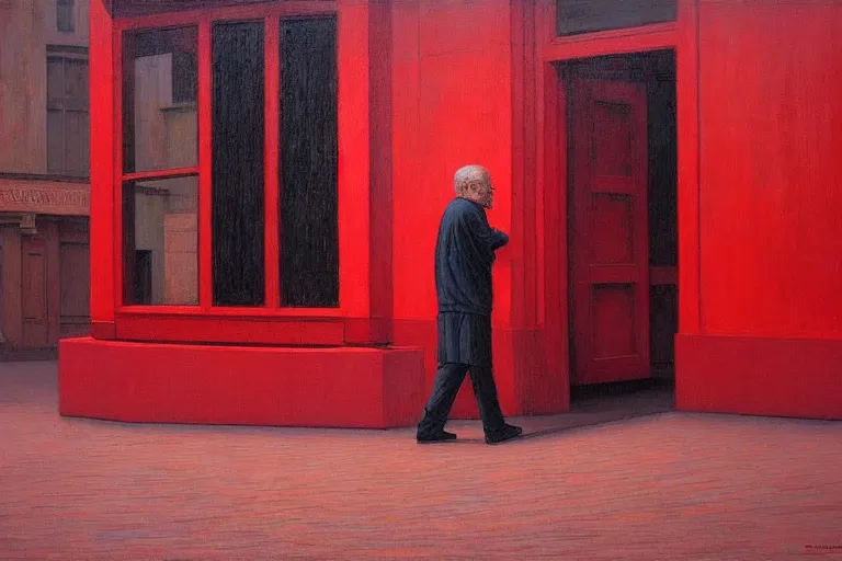 Image similar to only with red, a red old man try to sell a portrait, crowd cheering, in a city square, in the style of beksinski, parts by edward hopper, parts by rodcenko, parts by yue minjun, intricate and epic composition, red by caravaggio, insanely quality, highly detailed, masterpiece, red light, artstation, 4 k