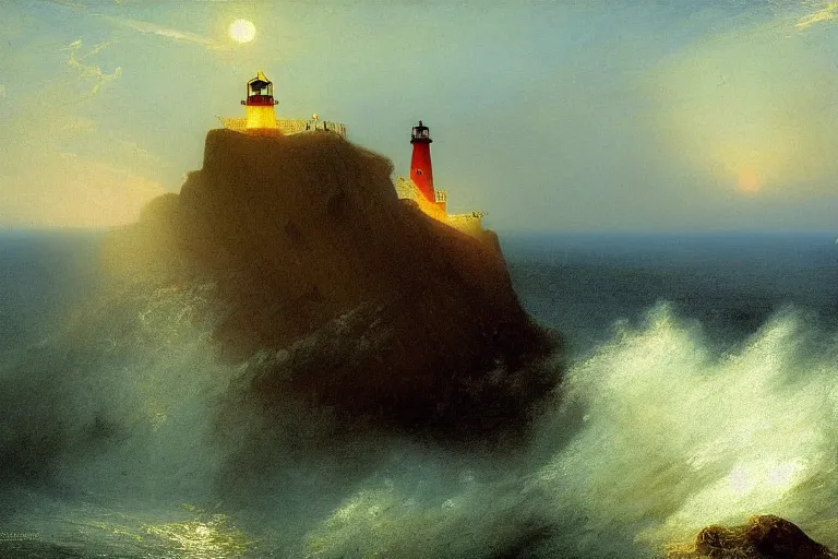 Image similar to lighthouse lit by crepuscular ray of sun, dark, stormy, cliff, crashing waves, sea, headland, carl spitzweg, david curtis, jmw turner, ivan aivazovsky, morgan weistling, seascape