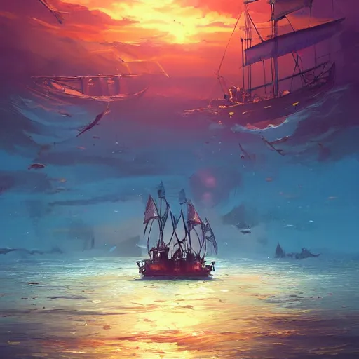 Image similar to two large pirates ship floating on top of a body of water at sunset, fighting each other, pirates flag , cgsociety, fantasy art, 2d game art, concept art , ambient occlusion, bokeh, behance hd , concept art by Jesper Ejsing, by RHADS, Makoto Shinkai Cyril Rolando