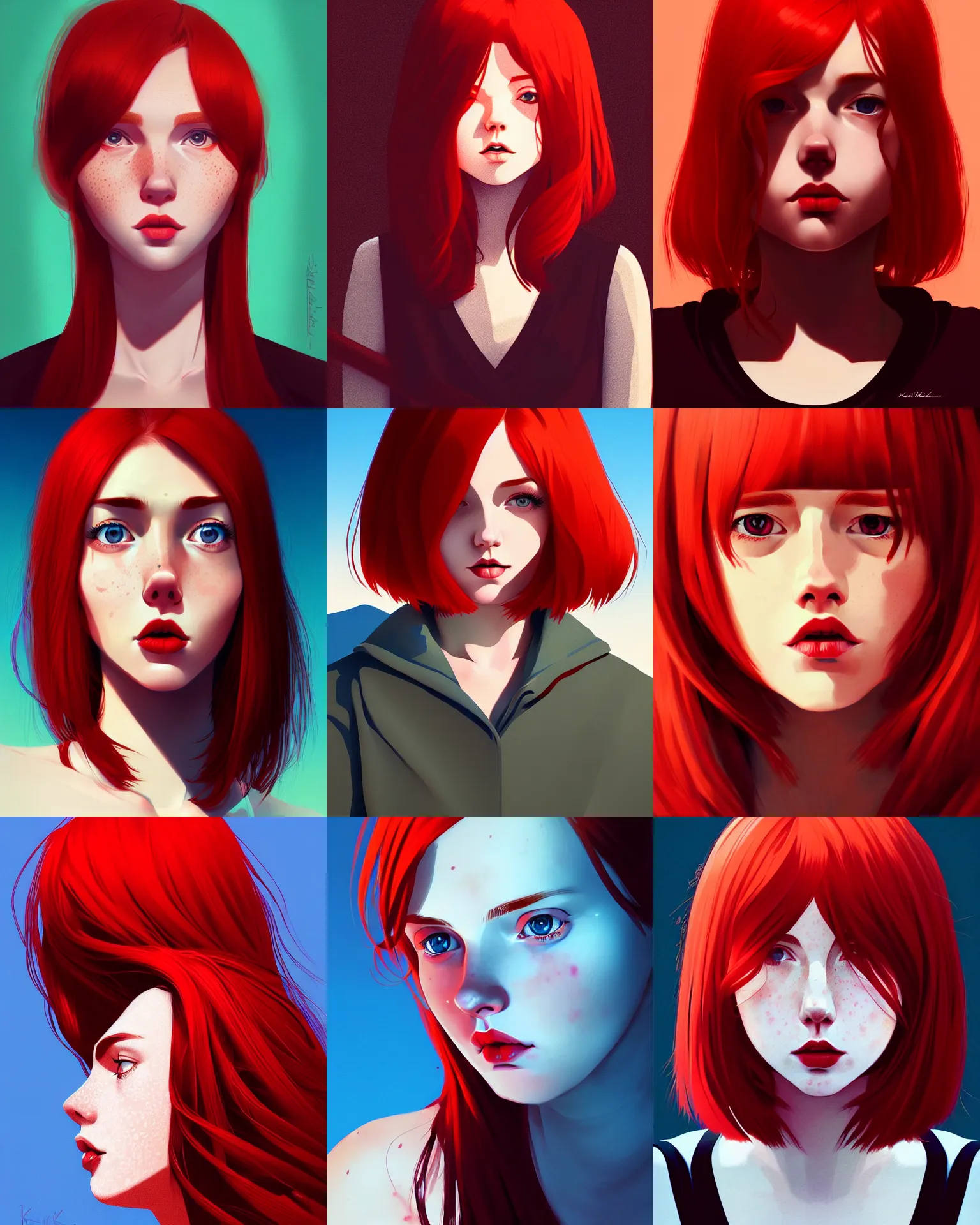 Prompt: a detailed portrait of a cuddly woman with red hair and freckles by ilya kuvshinov, digital art, dramatic lighting, dramatic angle