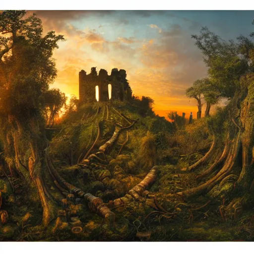 Prompt: art in the style of James Christensen, a panorama of a ruined fortress built with trees, inhabited by elves and faeries, with the lighting reflecting the sunset , intricately detailed