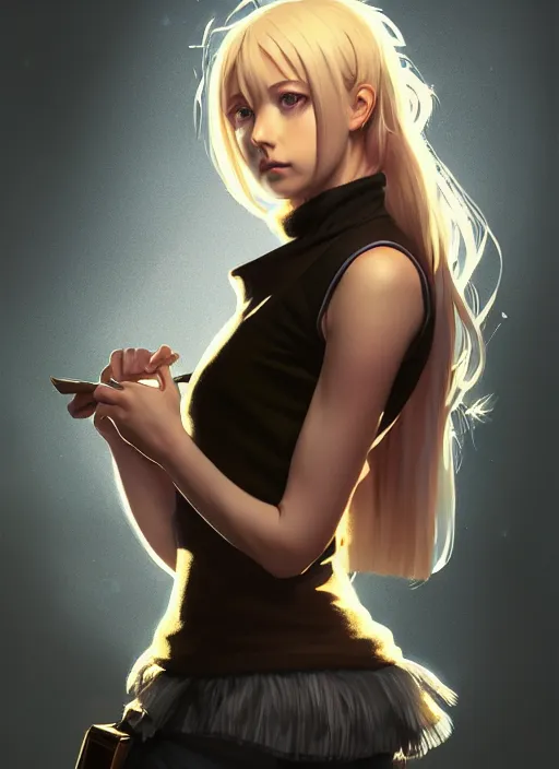 Image similar to portrait of a full body of beautiful young female detective, d & d, sleeveless turtleneck, fantasy, flat lighting, intricate, highly detailed, digital painting, artstation, concept art, smooth, sharp focus, illustration, misa amane, art by simon bisley and greg rutkowski and alphonse mucha, natural tpose