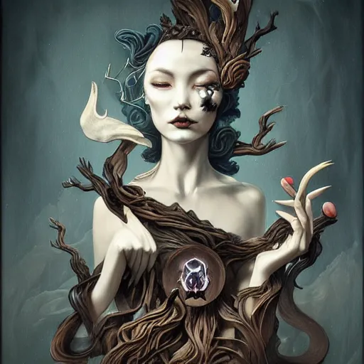 Image similar to fantasy portrait of a woman made of obsidian and smoke, carved Japanese Sakura wood organic overgrowth, holding nevermore, peter mohrbacher, artgerm, James Jean