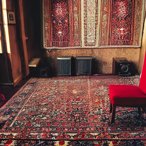 Image similar to a room with a chair, a table, few speakers and a persian carpet on the floor, unsplash, postminimalism, aesthetic