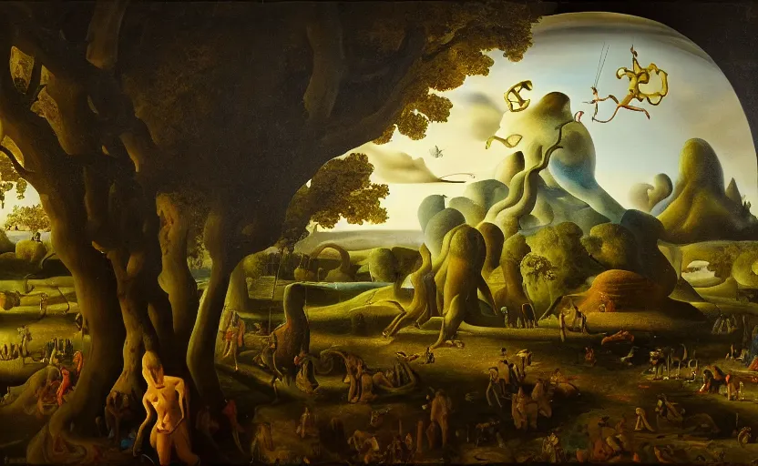 Image similar to very detailed colorful strange disturbing dutch golden age surrealistic landscape with very small humanoid strange figures in the distance with large looming biomorphic figures looming inthe foreground, cast shadows, chiaroscuro, painted by dali and rachel ruysch, timeless disturbing masterpiece perfect composition