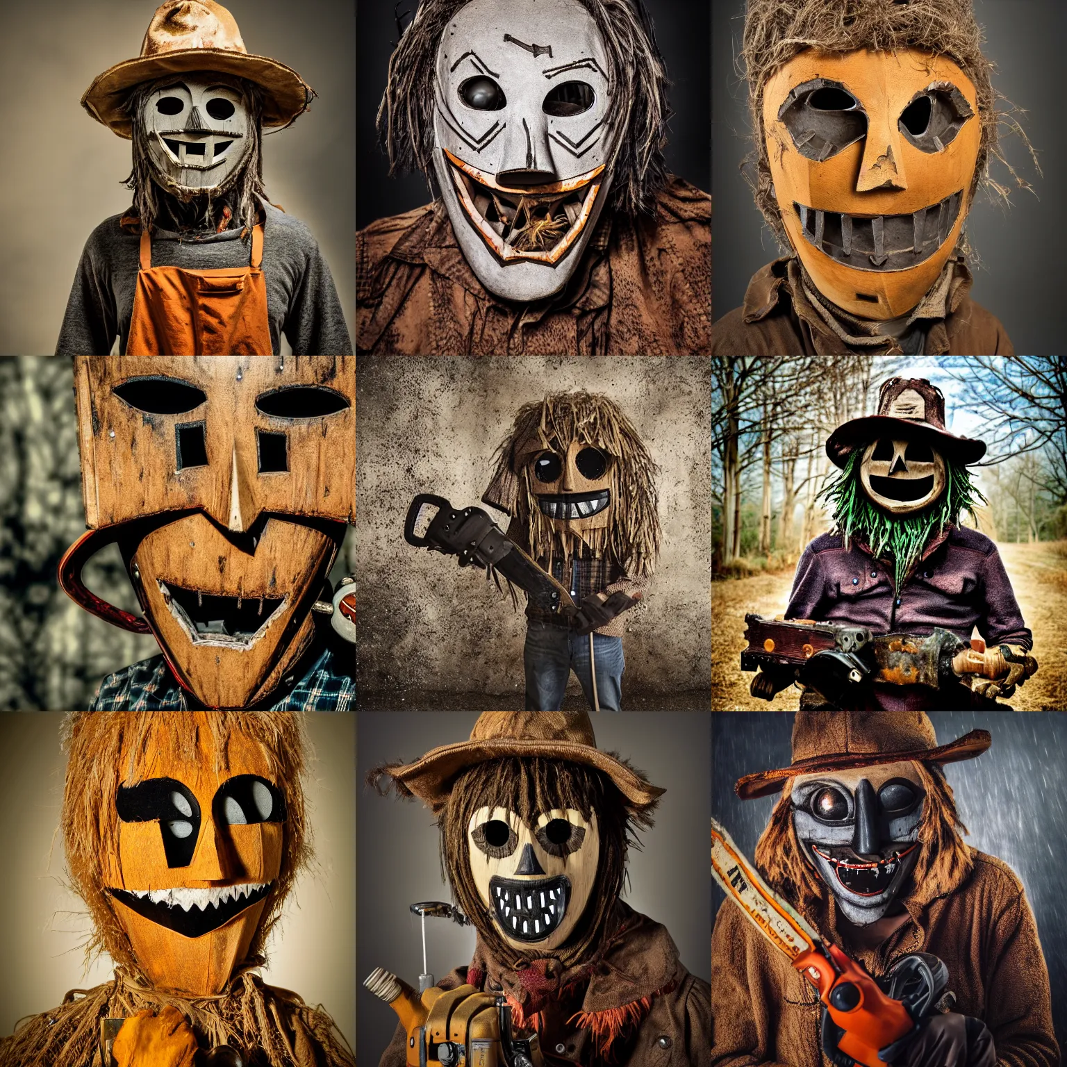 Prompt: portrait of a scarecrow mask person holding a chainsaw with a scary smile, photography, highly detailed, horror, dark lights 8k