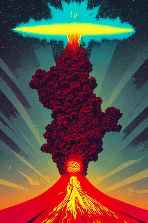 Image similar to artwork of an exploding volcano by kilian eng and dan mumford and toshi yoshida and peter doig, vintage scifi, high details, dramatic lightning,, 8 k