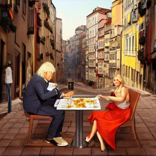 Prompt: a blonde woman & Michael mcintyre eating lasagne in Porto, greg rutkowski