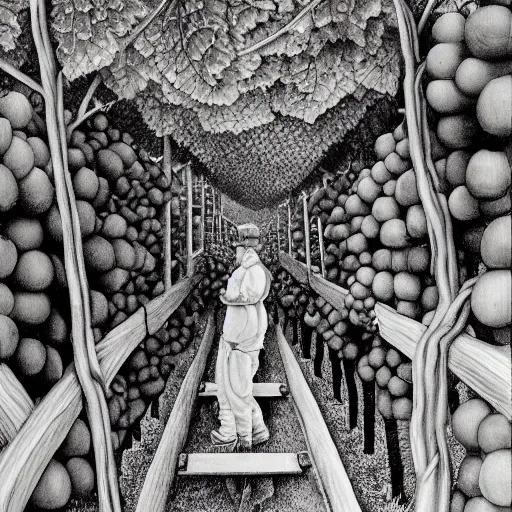 Image similar to Hyperrealism traditional austrian vineyard with workers, painting by MC Escher