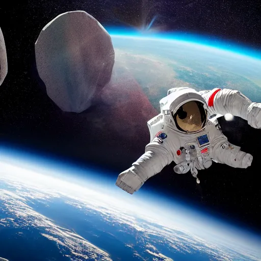 Image similar to astronaut dog floating in space connected to a space station with stars and asteroids in the background, high resolution, photorealistic, photo, 8k